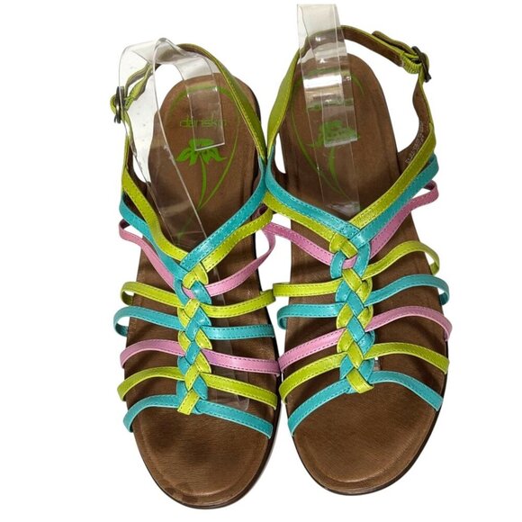 Dansko Dana Sandals Leather Pink Blue Green Strappy Wedge Womens Size 42 US 12 - Picture 7 of 16